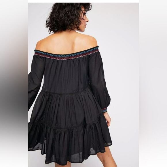 Free People Sunbeams Mini Dress Embroidered Boho Off Shoulder Flowy Black Small - Picture 5 of 14